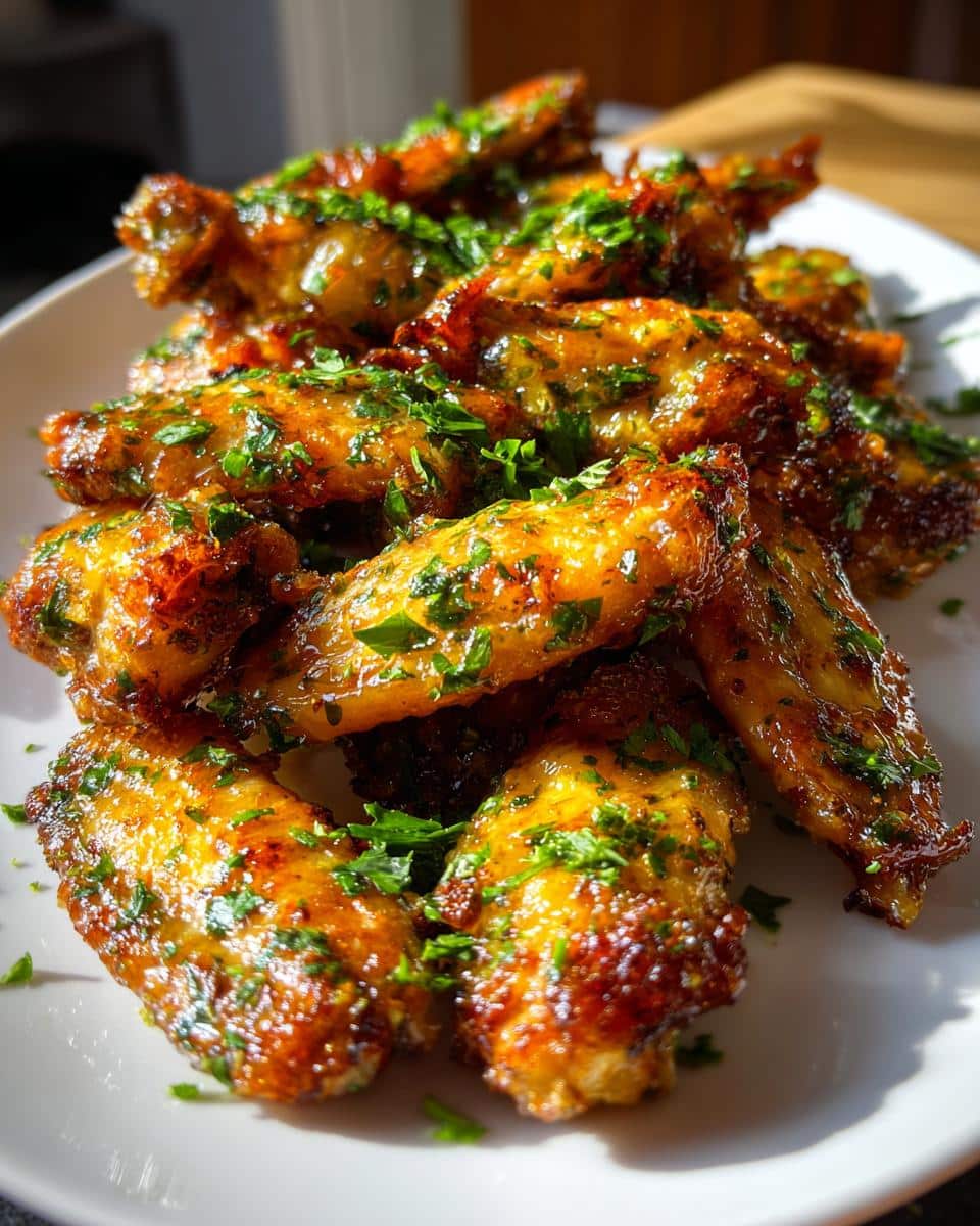 A close-up of a white plate piled high with golden-brown Lemon Garlic Chicken Wings, garnished with fresh chopped parsley.