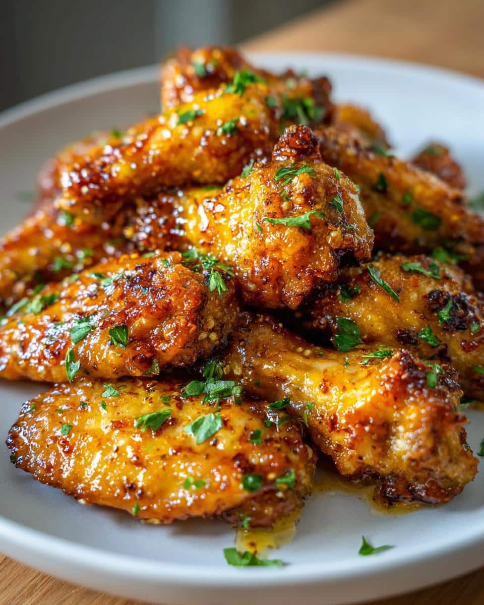 Close-up of a pile of golden-brown Lemon Lemon Garlic Chicken Wings garnished with fresh parsley on a white plate.