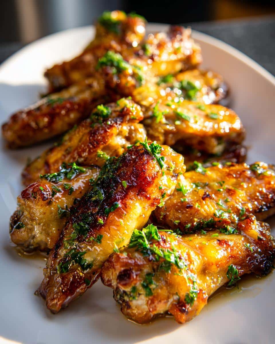Close-up of a white plate piled high with golden-brown Lemon Lemon Garlic Chicken Wings, garnished with fresh parsley.