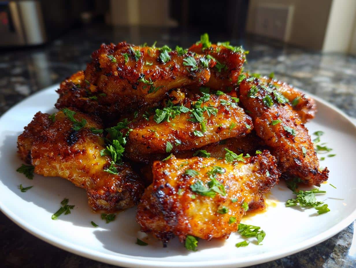 A white plate piled high with golden-brown Lemon Lemon Garlic Chicken Wings, garnished with fresh chopped parsley.