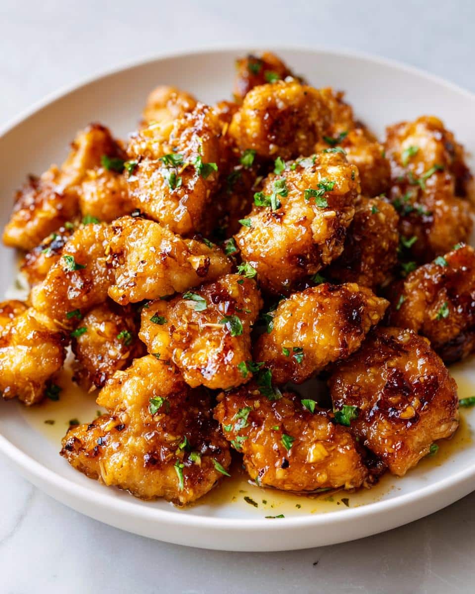 Close-up of golden-brown Lemon Honey Garlic Chicken Breasts, glistening with sauce and garnished with fresh parsley.
