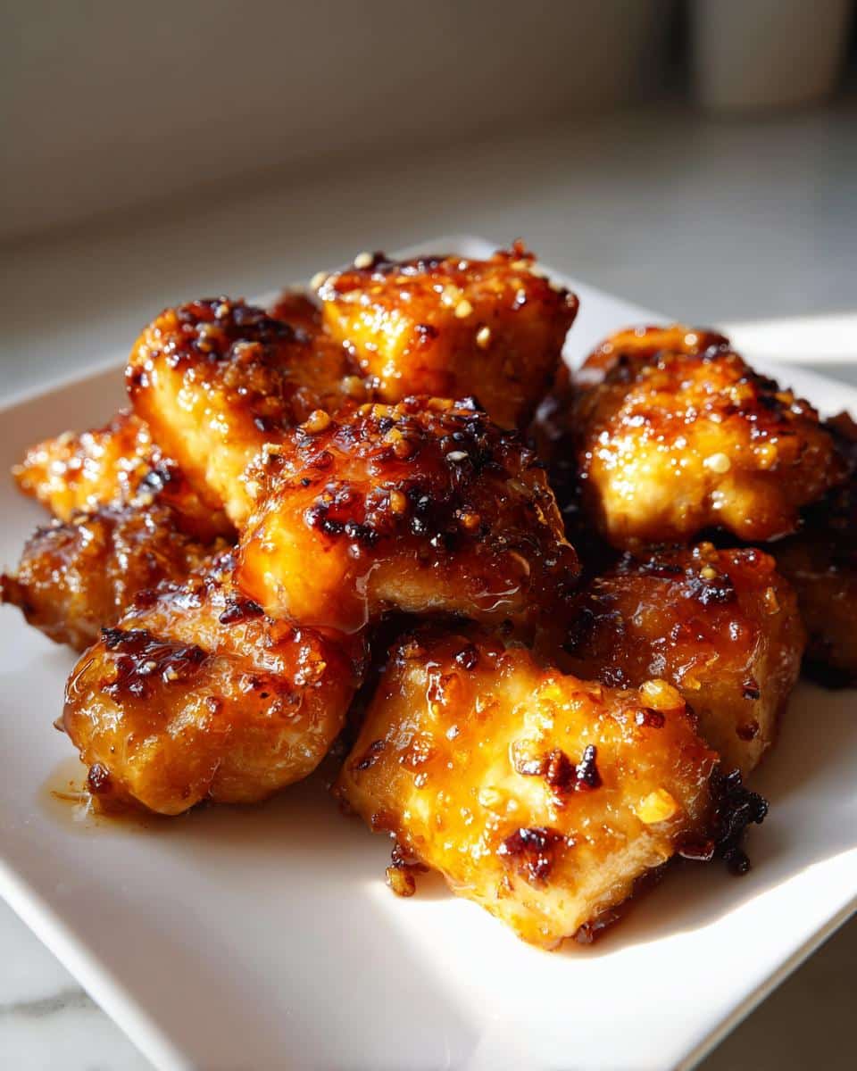 Close-up of golden-brown Lemon Honey Garlic Chicken Breasts, glistening with a sweet and savory glaze on a white plate.
