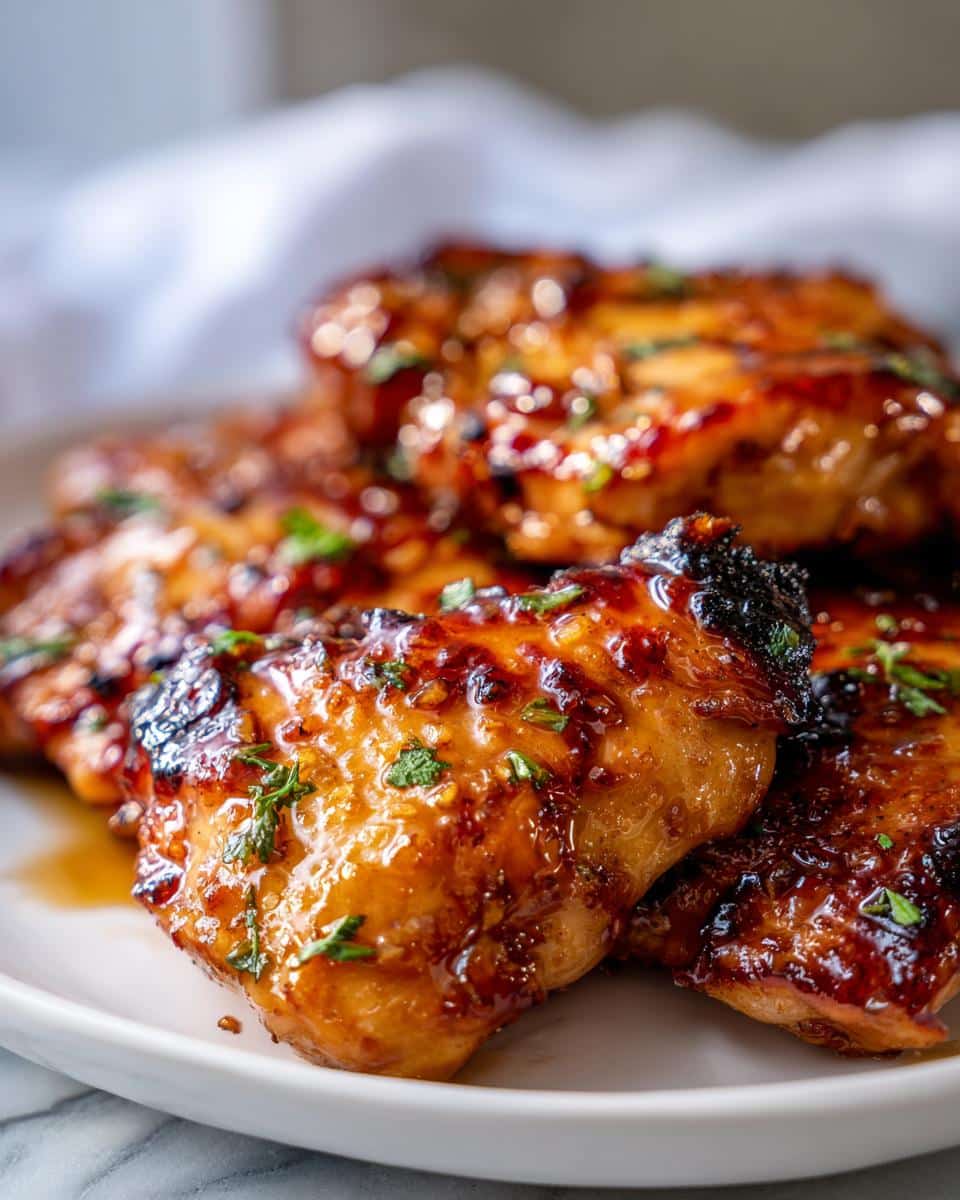 Close-up of glistening Lemon Honey Garlic Chicken Breasts on a white plate, garnished with fresh herbs.