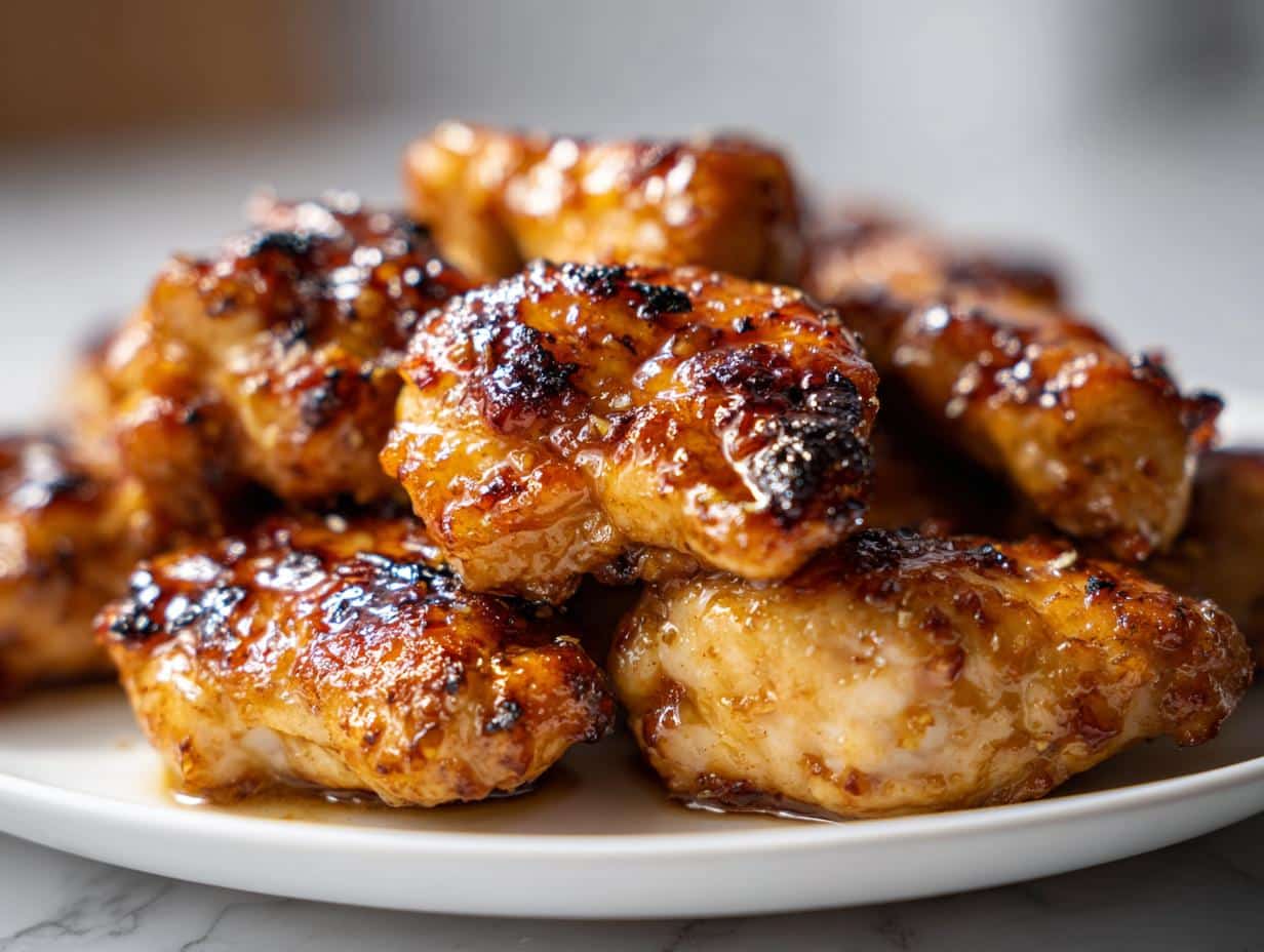 Close-up of golden-brown Lemon Honey Garlic Chicken Breasts piled on a white plate, glistening with sauce.
