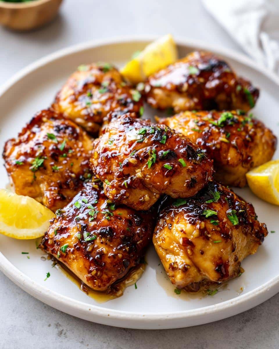 A close-up of a white plate filled with glistening Lemon Honey Garlic Chicken Breasts, garnished with fresh parsley and lemon wedges.
