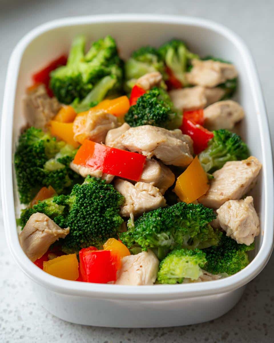 Close-up of a white lunchbox filled with cooked chicken pieces, green broccoli florets, and red and yellow bell pepper chunks. Lunchbox and Easy Low Carb High Protein Meals-Her Highness, Hungry Me.