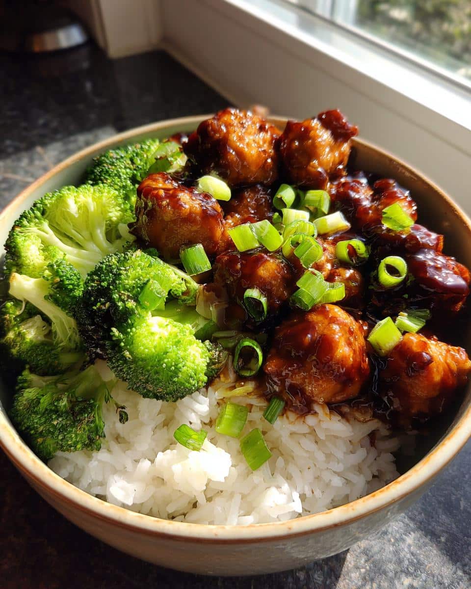 25-Minute Lunchbox Teriyaki Ground Turkey Bowl Recipe 5 A close-up of a Lunchbox Teriyaki Ground Turkey Bowl with rice, broccoli, and green onions.