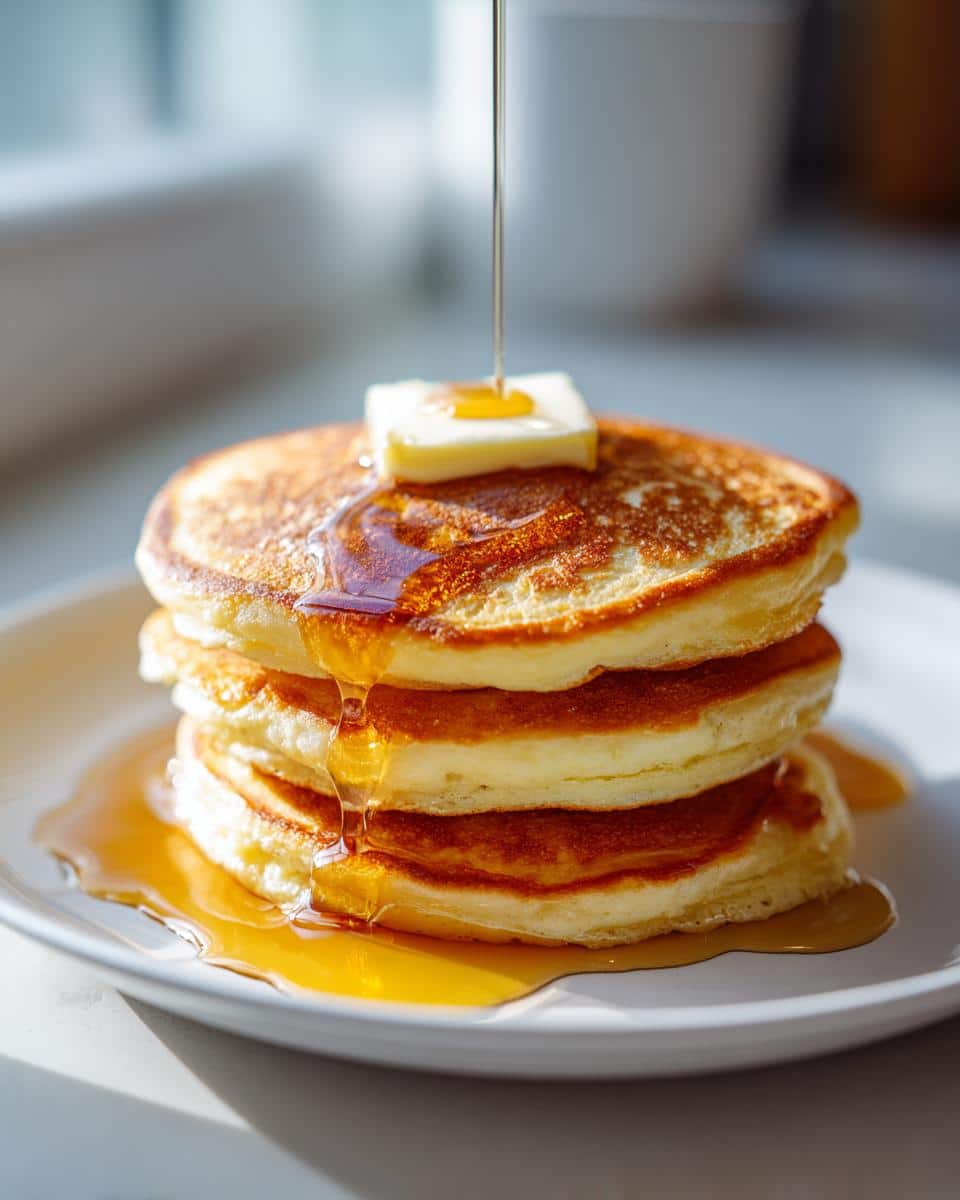 Maple syrup being poured over a stack of golden brown Fluffy Ever Pancakes topped with a pat of melting butter.
