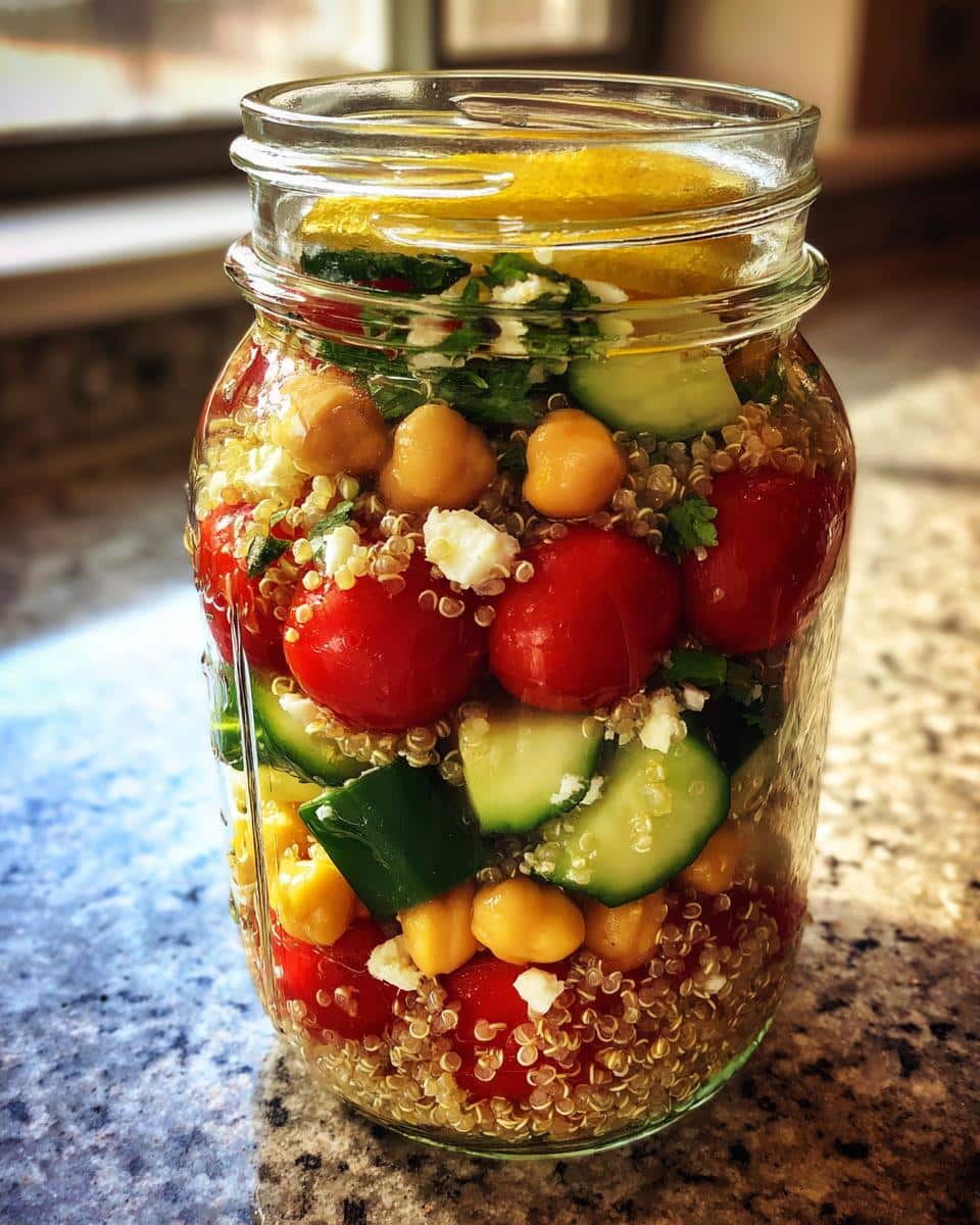A vibrant mason jar salad with layers of quinoa, cherry tomatoes, chickpeas, cucumber, and feta cheese, perfect for a balanced make-ahead cold lunch.