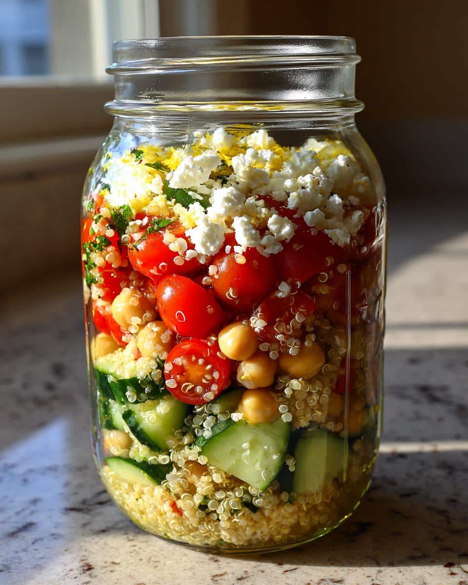 A colorful mason jar salad with layers of quinoa, cucumber, chickpeas, cherry tomatoes, and feta cheese, perfect for a Balanced Make-Ahead Cold Lunch.