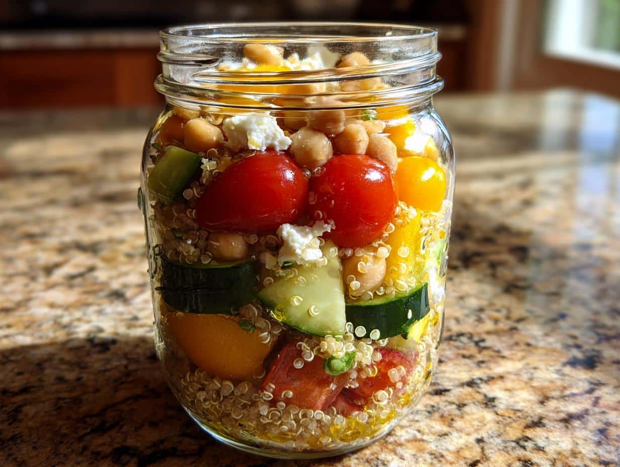 A colorful mason jar salad with layers of quinoa, chickpeas, cherry tomatoes, cucumber, and feta cheese, perfect for balanced make-ahead cold lunch ideas.