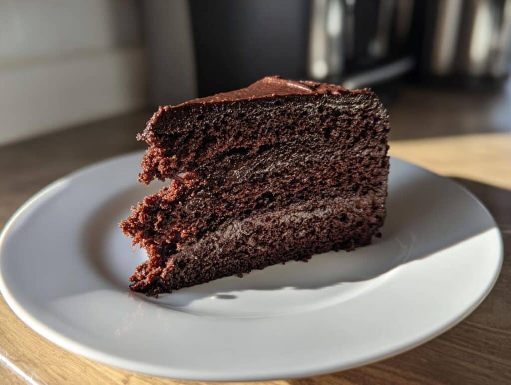 A delicious slice of Matilda's Chocolate Cake on a white plate, showing moist layers and rich frosting.