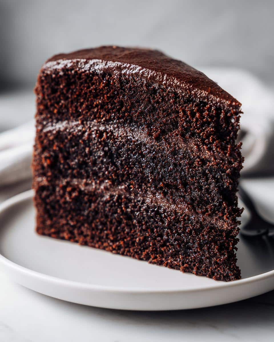 A close-up of a rich, moist slice of Matilda's Chocolate Cake on a white plate, showing the dense crumb and glossy frosting.