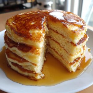 McDonald's Pancake Recipe: Fluffy 25-Minute Copycat Magic 6 A stack of fluffy McDonald's Pancake Recipe with a slice cut out, dripping with golden syrup on a white plate.