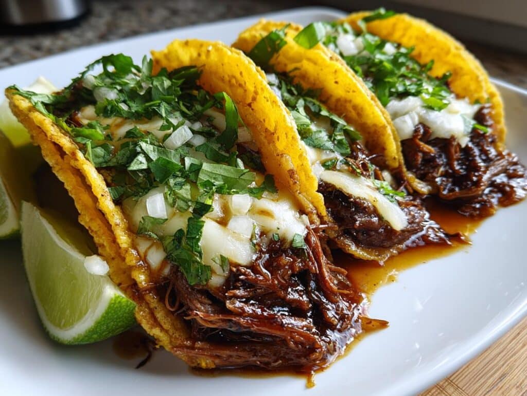 Three delicious Melt-in-Your-Mouth Crockpot Birria Tacos filled with shredded meat, melted cheese, onions, and cilantro, served with lime wedges.