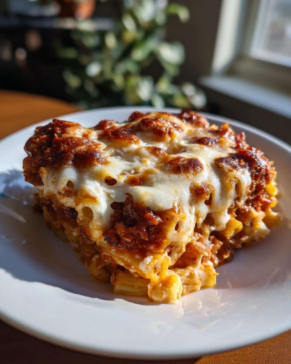 Close-up of a generous slice of Million Dollar Baked Ziti Recipe on a white plate, showing melted cheese and rich red sauce.