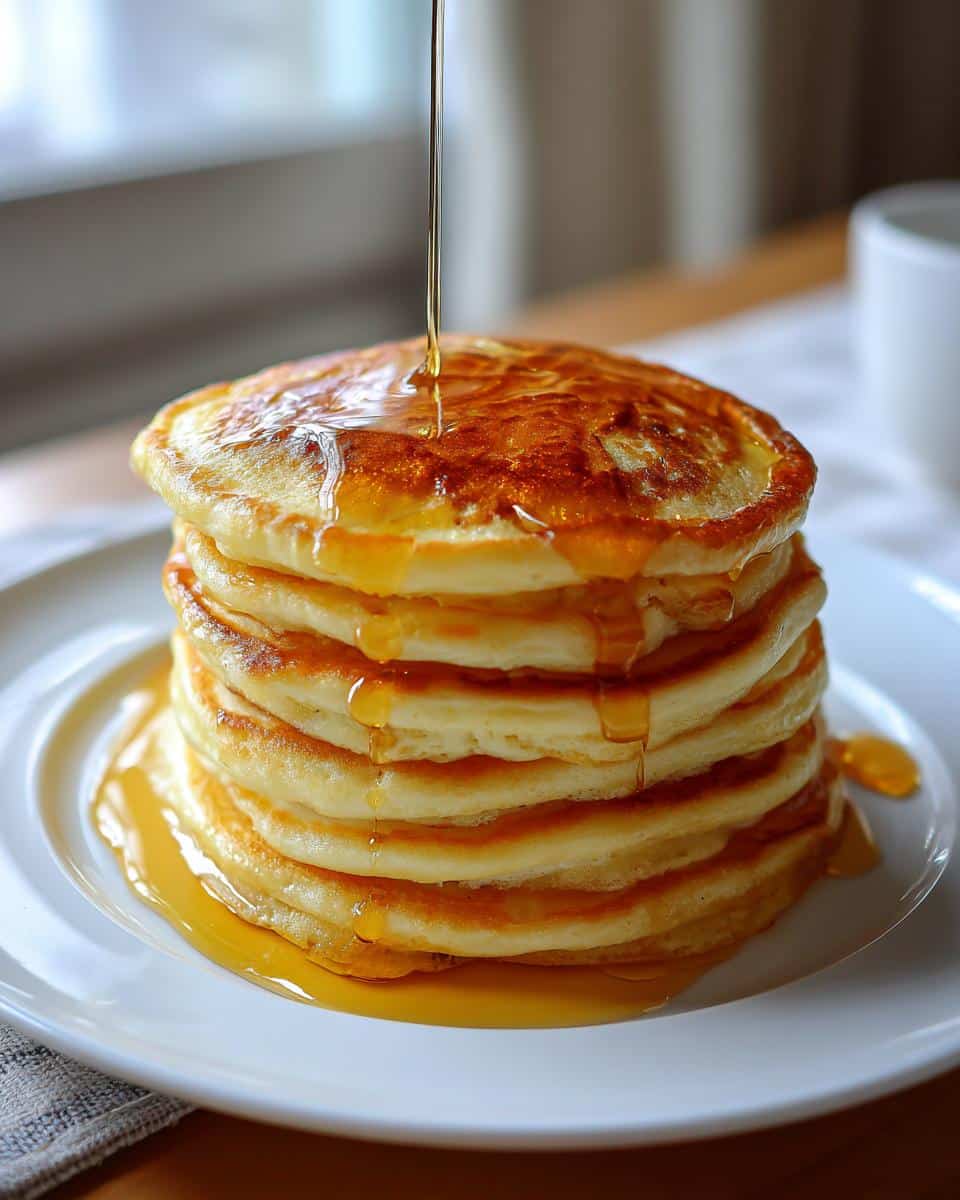 A tall stack of golden brown, Morning Fluffy Pancake Recipe being drizzled with maple syrup on a white plate.