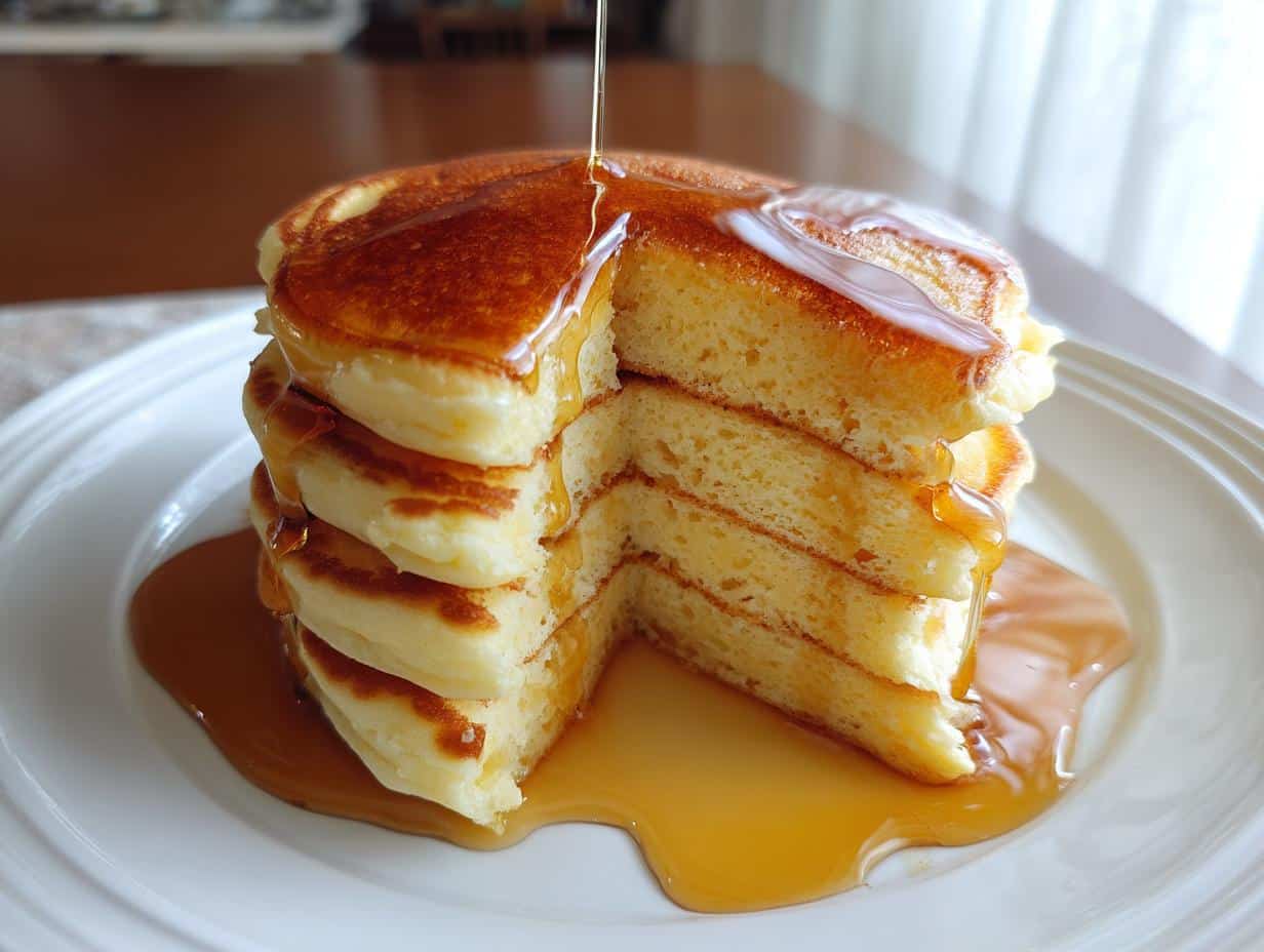 A tall stack of golden brown Morning Fluffy Pancake, with a slice cut out, being drizzled with maple syrup on a white plate.