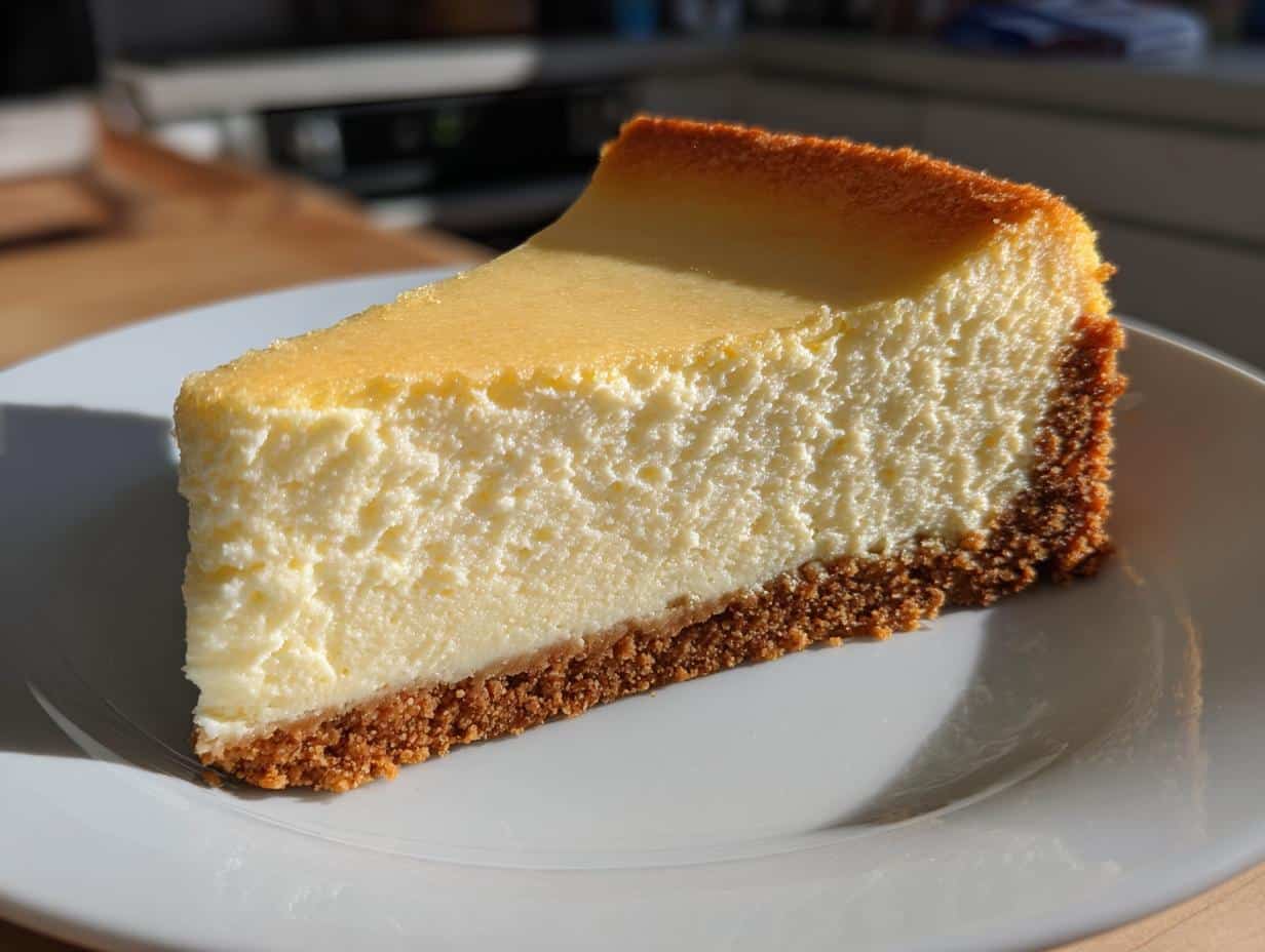 A perfect slice of New York Cheesecake Recipe You'll Love on a white plate, showing its creamy texture and golden-brown crust.