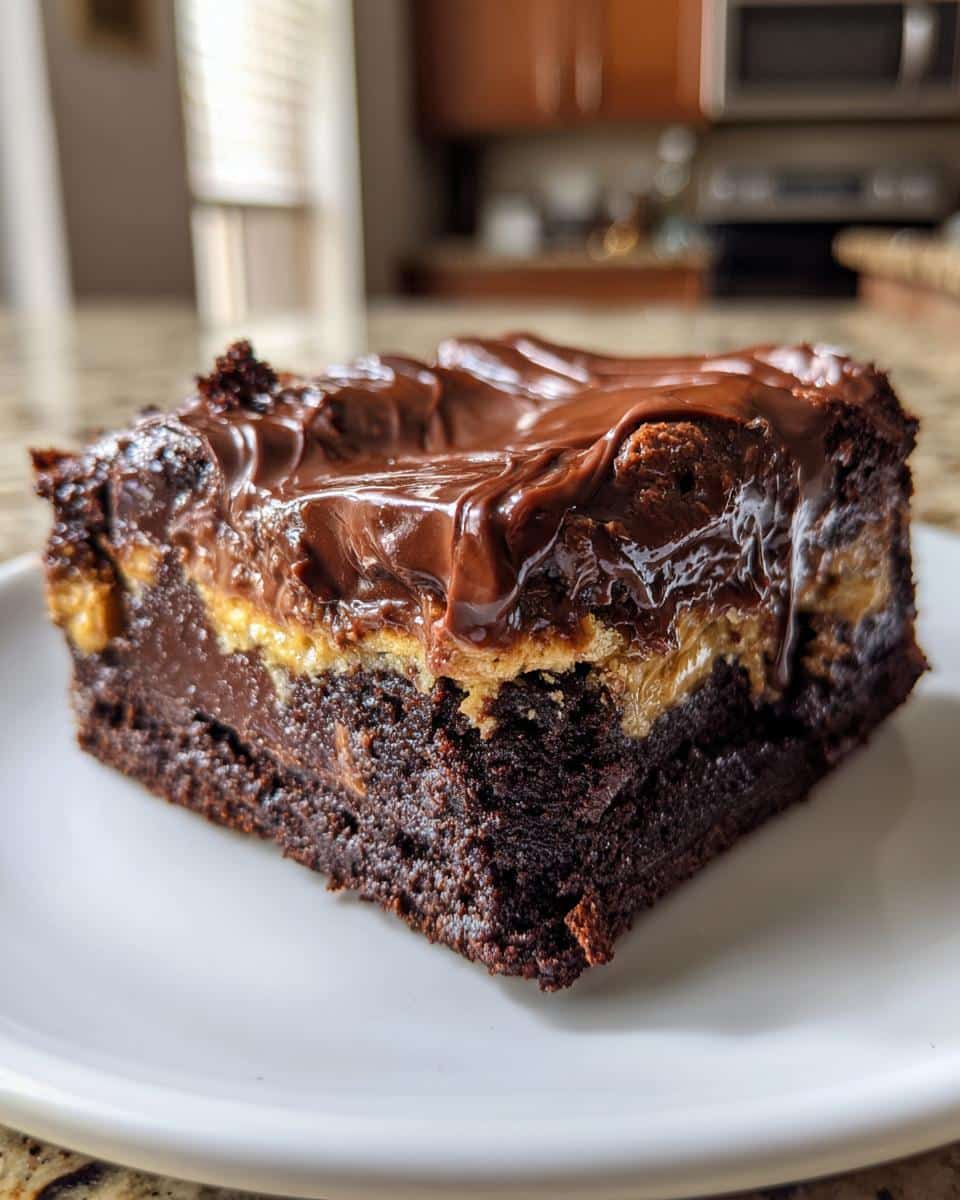 Close-up of a single slice of No-Bake Mouthwatering Slutty Brownies with a thick chocolate ganache topping and peanut butter layer.