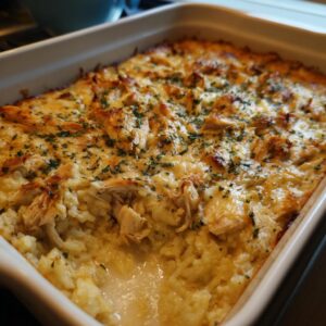35-Minute Old School Chicken and Rice Casserole Magic 6 A close-up of a bubbling Old School Chicken and Rice Casserole in a white baking dish, garnished with parsley.