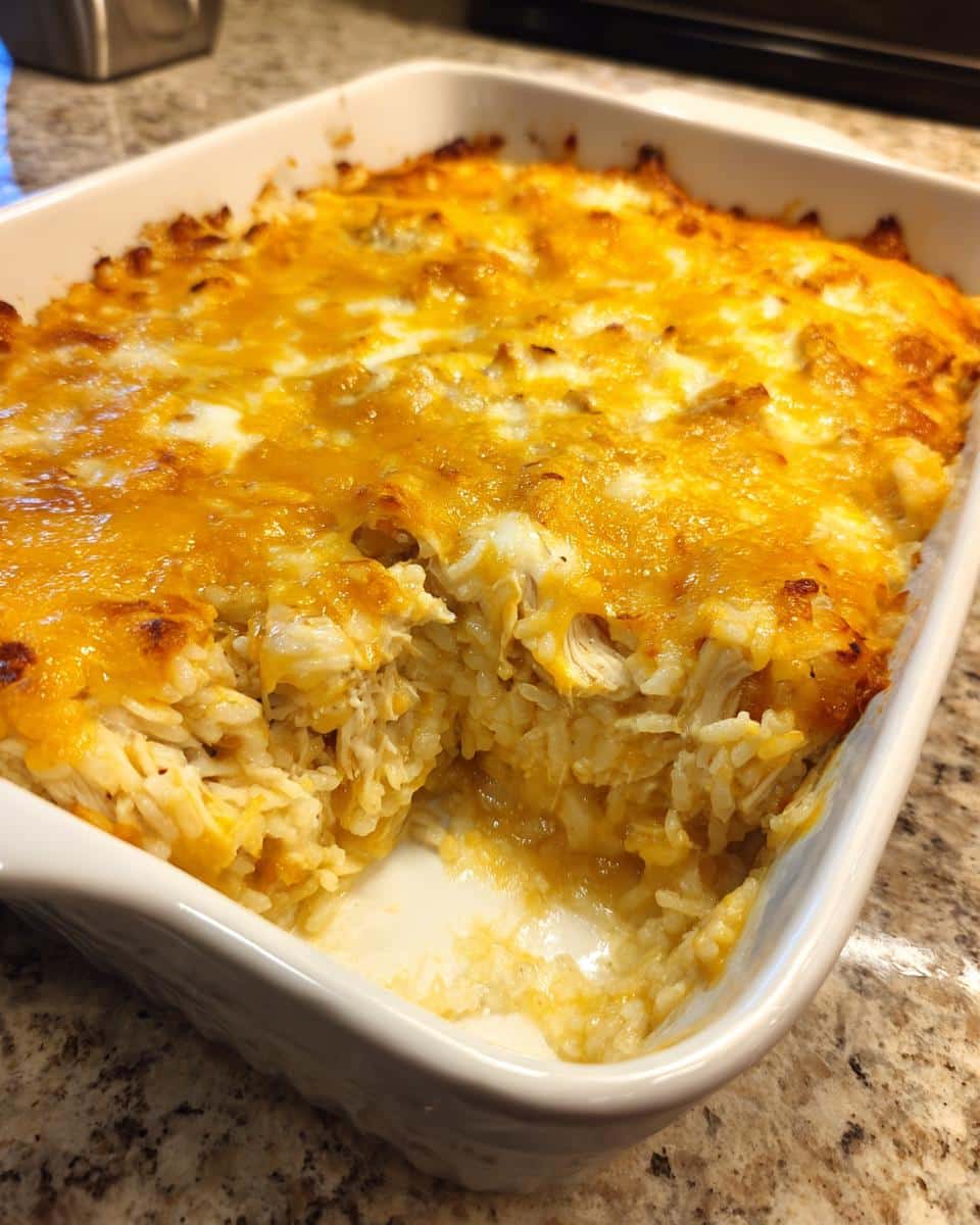 35-Minute Old School Chicken and Rice Casserole Magic 3 A close-up of a white baking dish filled with Old School Chicken and Rice Casserole, showing a scoop removed.