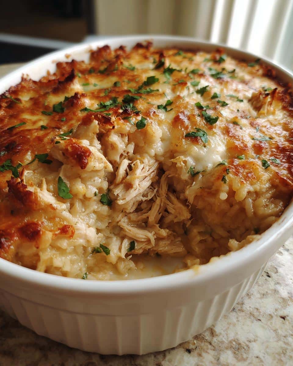 35-Minute Old School Chicken and Rice Casserole Magic 5 Close-up of a creamy Old School Chicken and Rice Casserole in a white dish, topped with golden-brown melted cheese and fresh parsley.