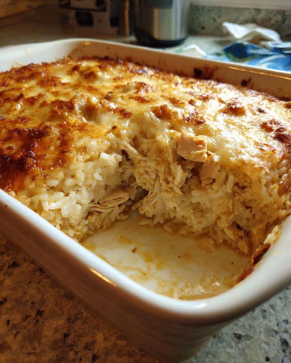 35-Minute Old School Chicken and Rice Casserole Magic 2 A close-up of a white baking dish filled with Old School Chicken and Rice Casserole, with a scoop removed showing the creamy interior.