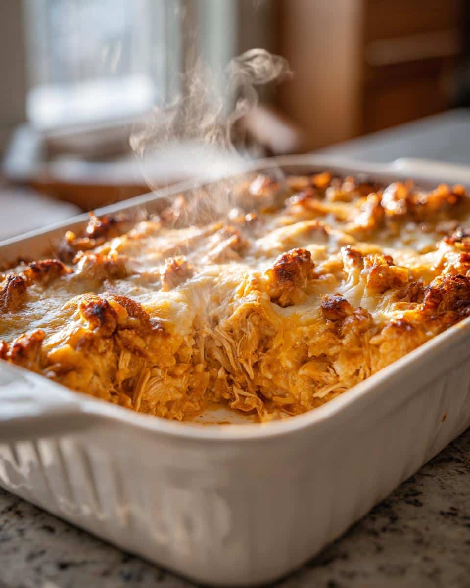 35-Minute Old School Chicken and Rice Casserole Magic 4 A close-up of a steaming hot Old School Chicken and Rice Casserole in a white baking dish, with melted cheese and a spoonful removed.