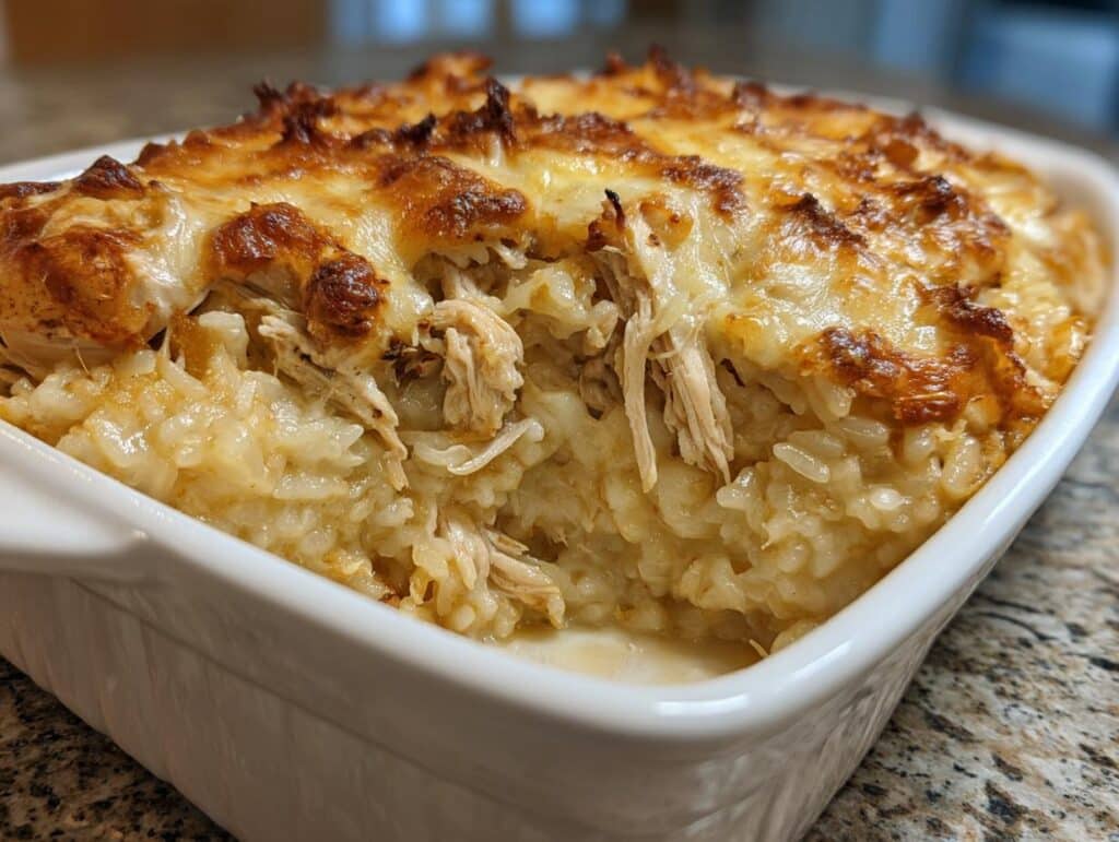 A close-up of a creamy Old School Chicken and Rice Casserole in a white baking dish, topped with golden-brown melted cheese.