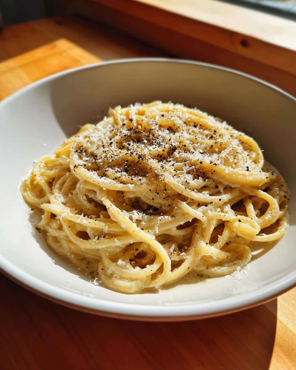 A close-up of a bowl of creamy One-Pan Butter Parmesan Pasta, generously topped with grated Parmesan cheese and black pepper.