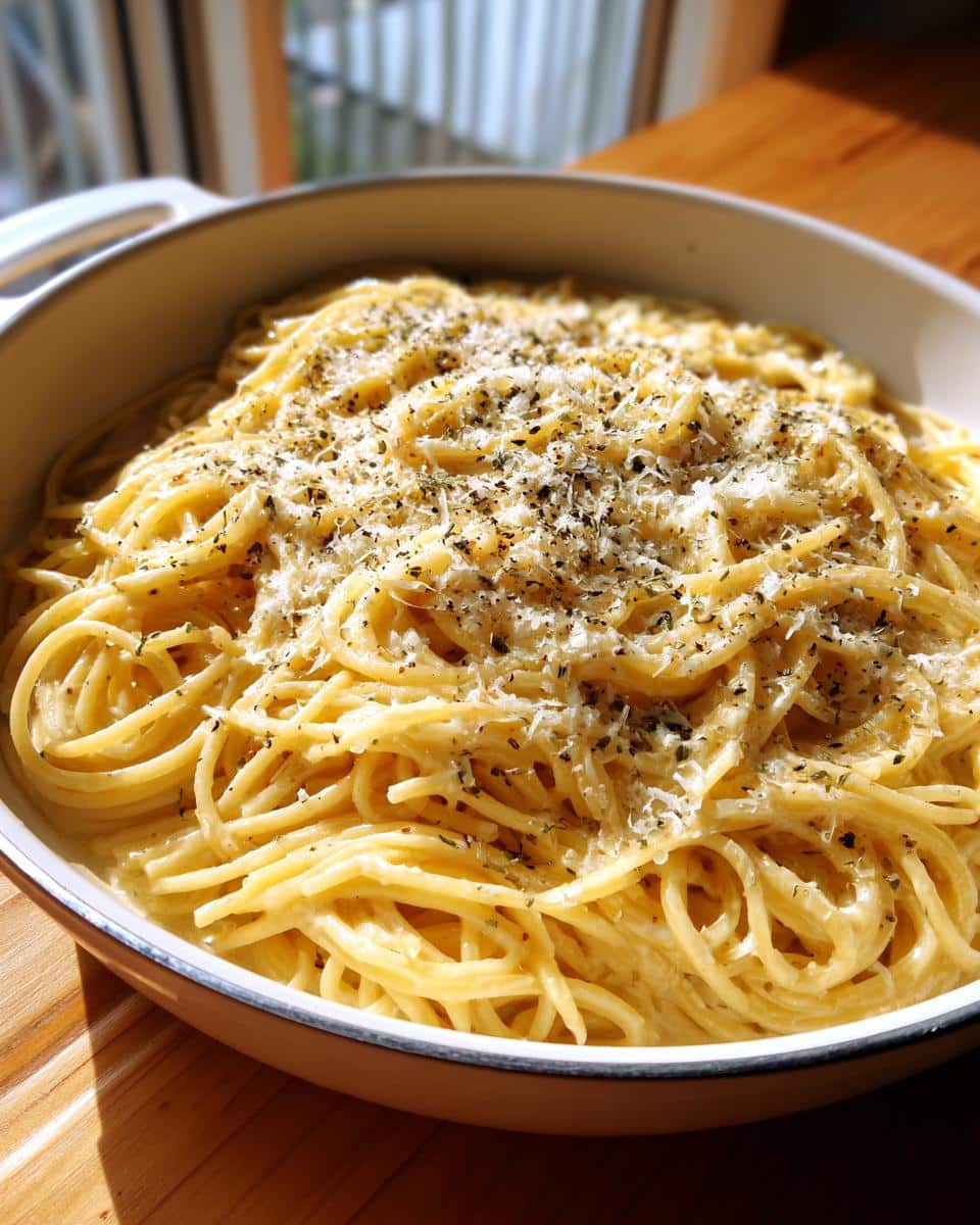 Close-up of creamy One-Pan Butter Parmesan Pasta topped with grated cheese and dried herbs in a white pan.