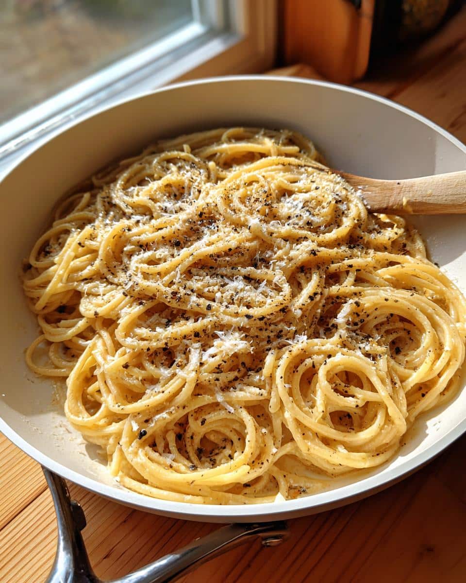 A close-up of One-Pan Butter Parmesan Pasta in a skillet, generously topped with grated cheese and black pepper.