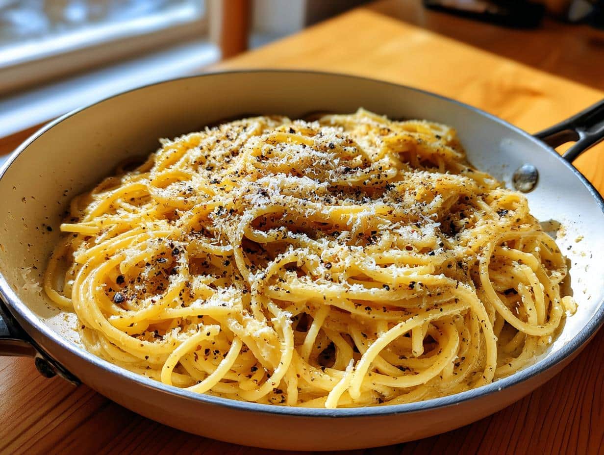 Close-up of One-Pan Butter Parmesan Pasta in a skillet, generously topped with grated Parmesan cheese and black pepper.