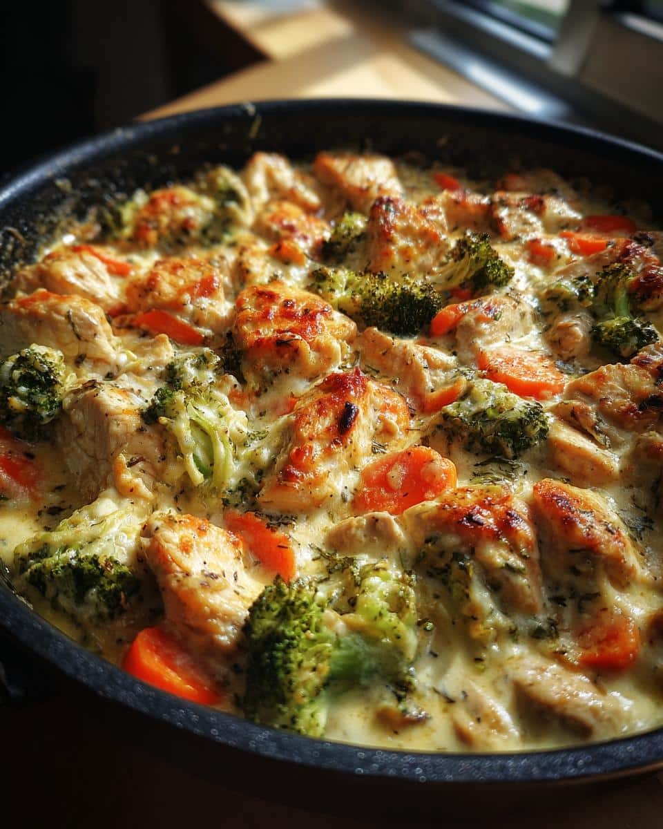 Close-up of a bubbling One Pan Chicken Casserole in a black pan, featuring chicken pieces, broccoli, and carrots in a creamy sauce.
