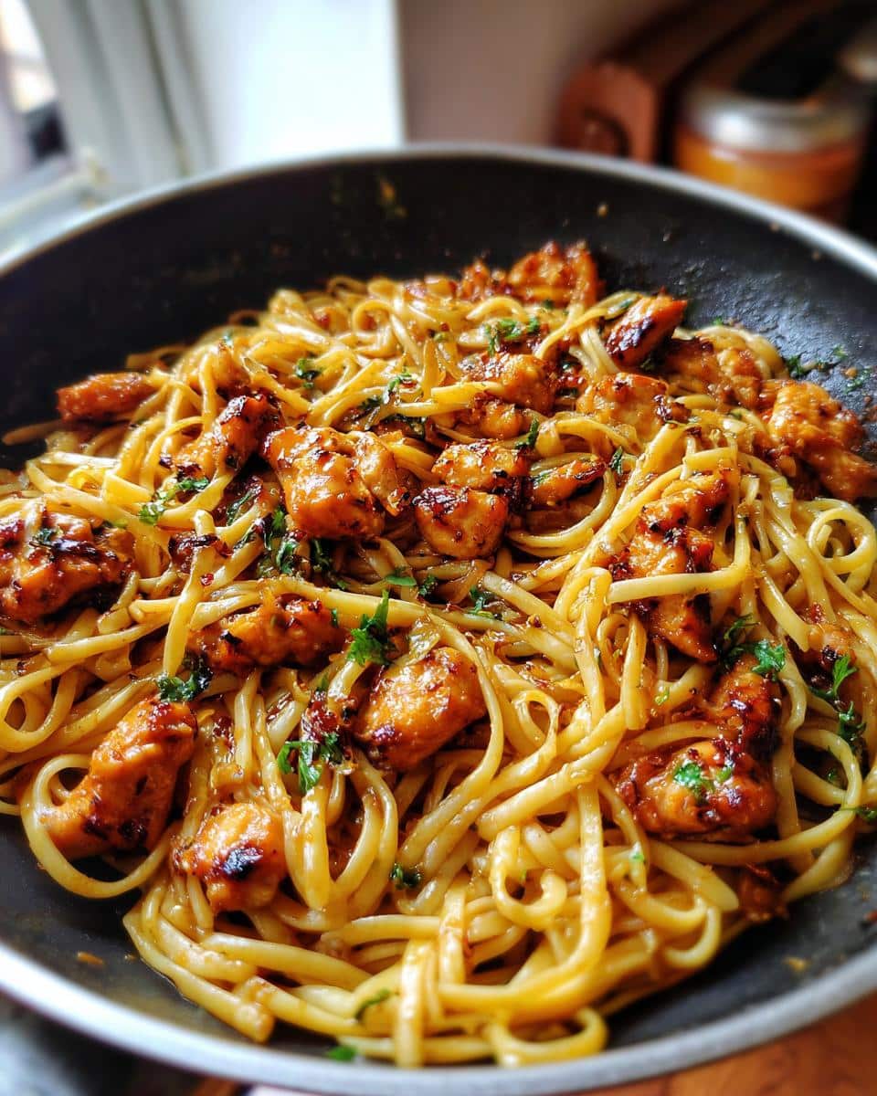 Close-up of One Pan Cowboy Butter Chicken Linguine in a black skillet, garnished with fresh parsley.