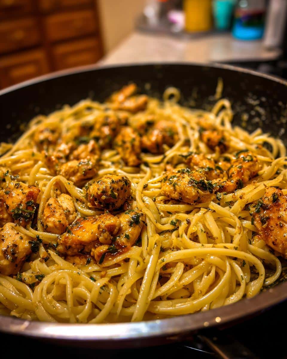 Close-up of One Pan Cowboy Butter Chicken Linguine in a skillet, showing chicken pieces and pasta coated in sauce.