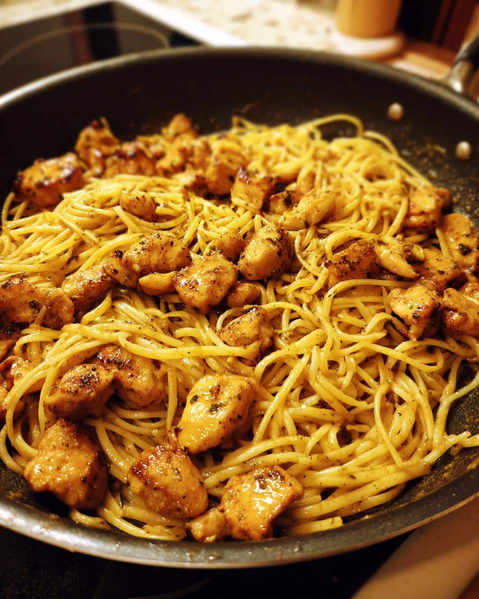 Close-up of One Pan Cowboy Butter Chicken Linguine in a black skillet, showing golden chicken pieces and pasta coated in sauce.