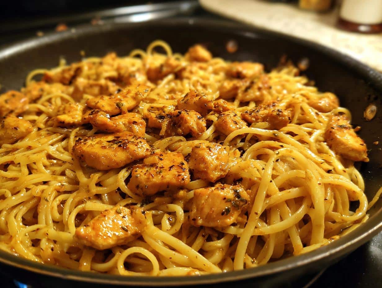 Close-up of One Pan Cowboy Butter Chicken Linguine in a black skillet, showing golden chicken pieces and pasta.