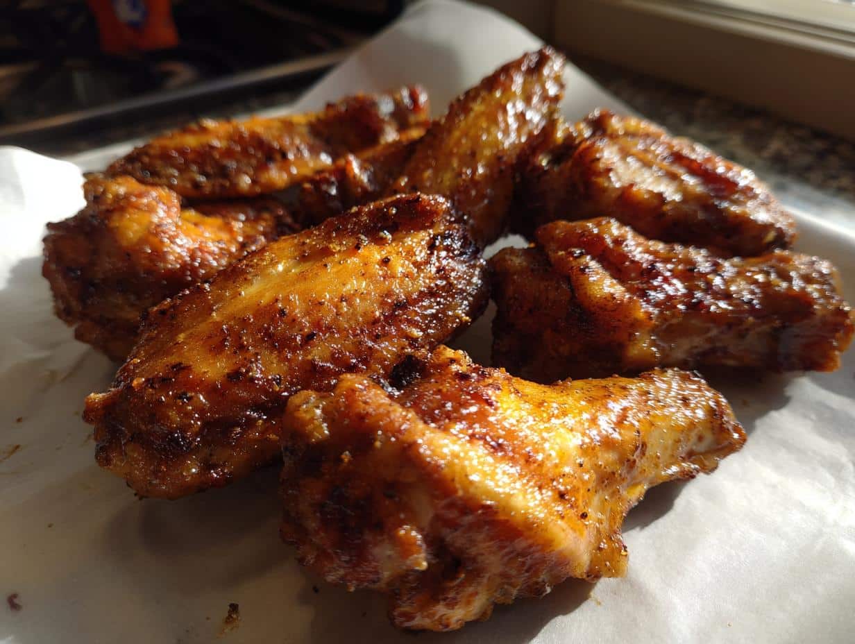 Close-up of golden brown, crispy baked chicken wings seasoned with a flavorful spice blend, on parchment paper.