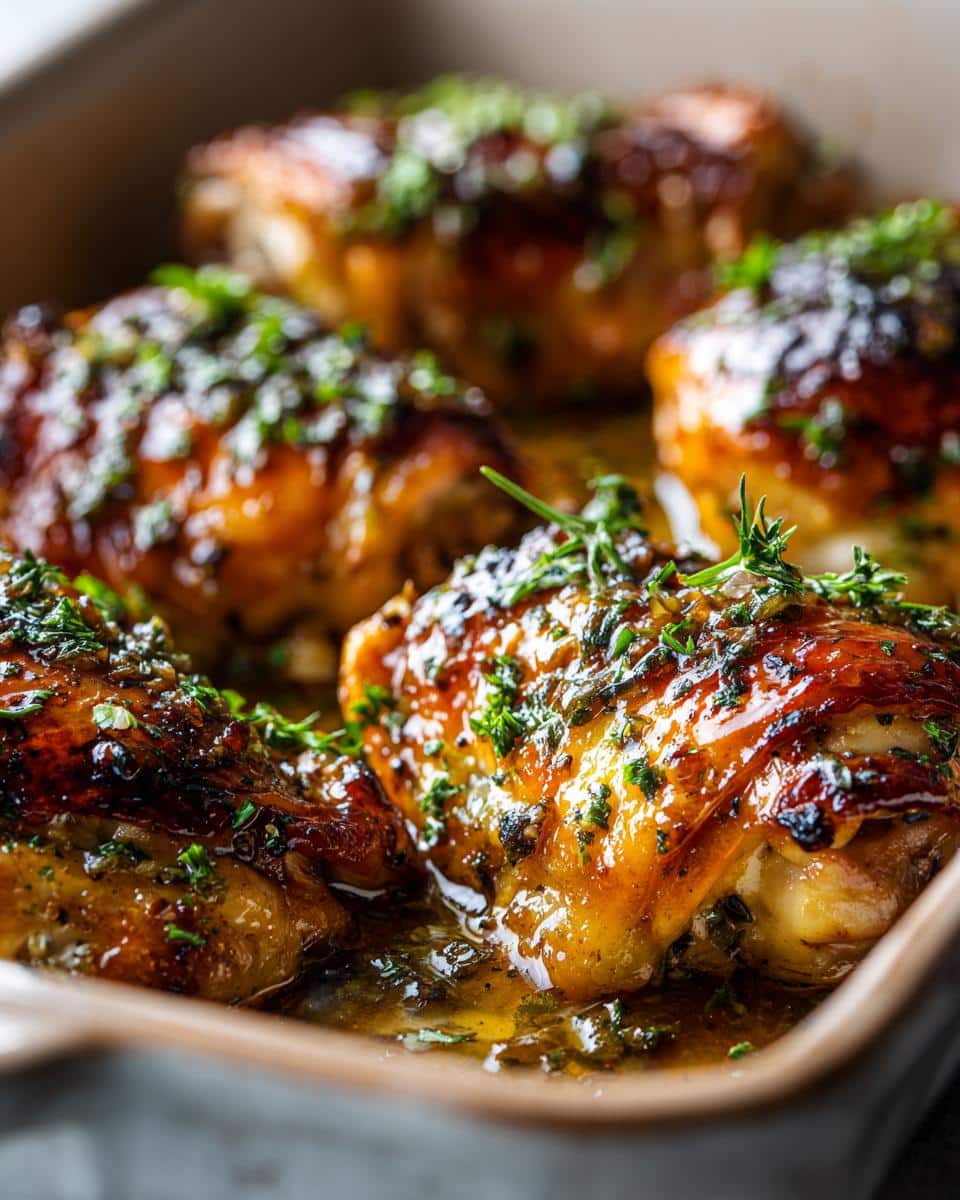 Close-up of golden brown One Pan Garlic Butter Baked Chicken Breast pieces in a baking dish, garnished with fresh herbs.