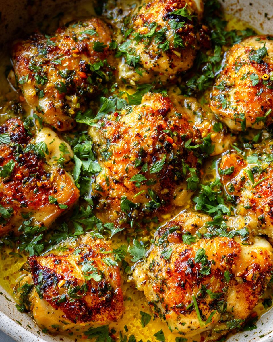 Close-up of golden-brown chicken pieces simmering in a rich One Pan Garlic Butter Baked Chicken Breast sauce, garnished with fresh parsley.