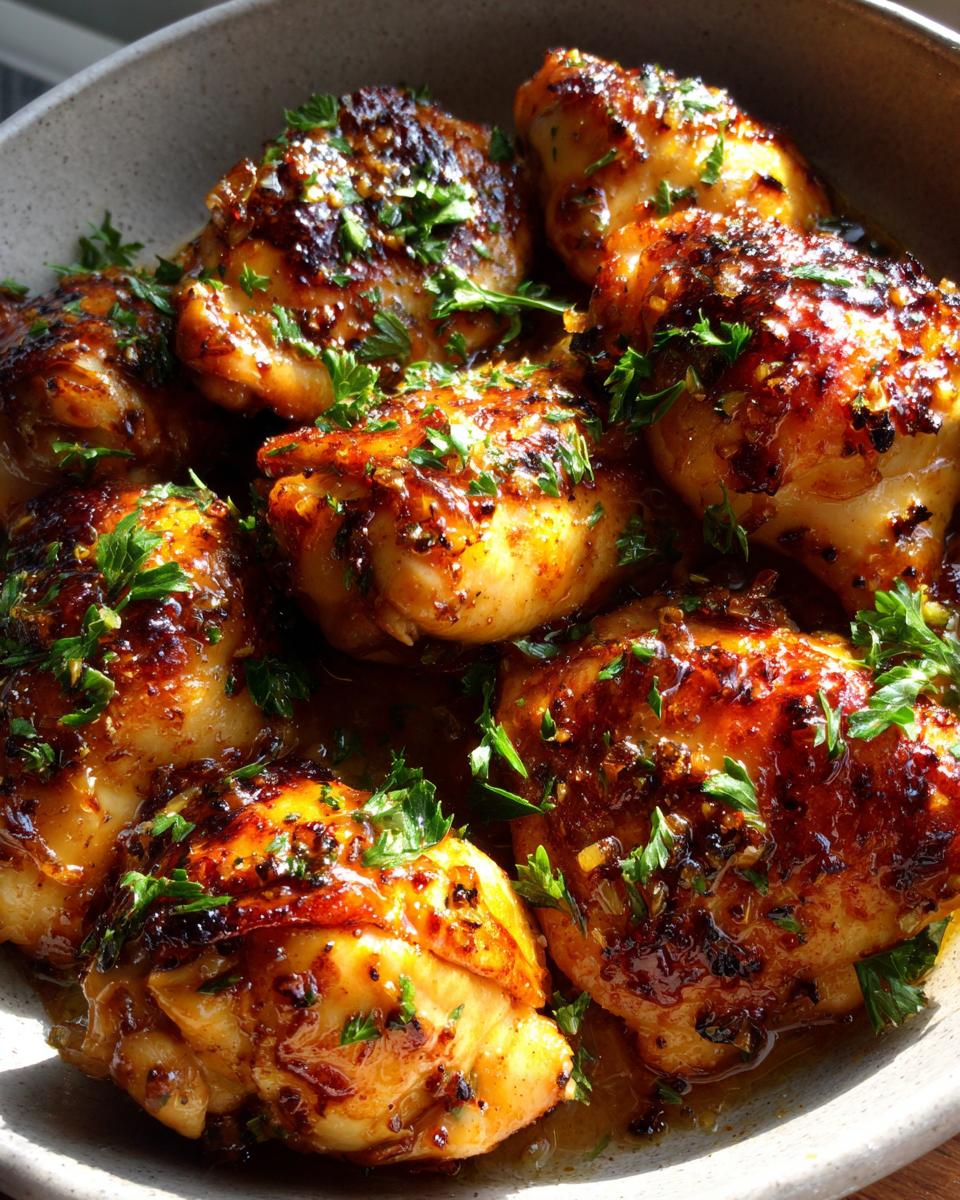 Close-up of golden-brown One Pan Garlic Butter Baked Chicken Breast pieces, garnished with fresh parsley in a bowl.
