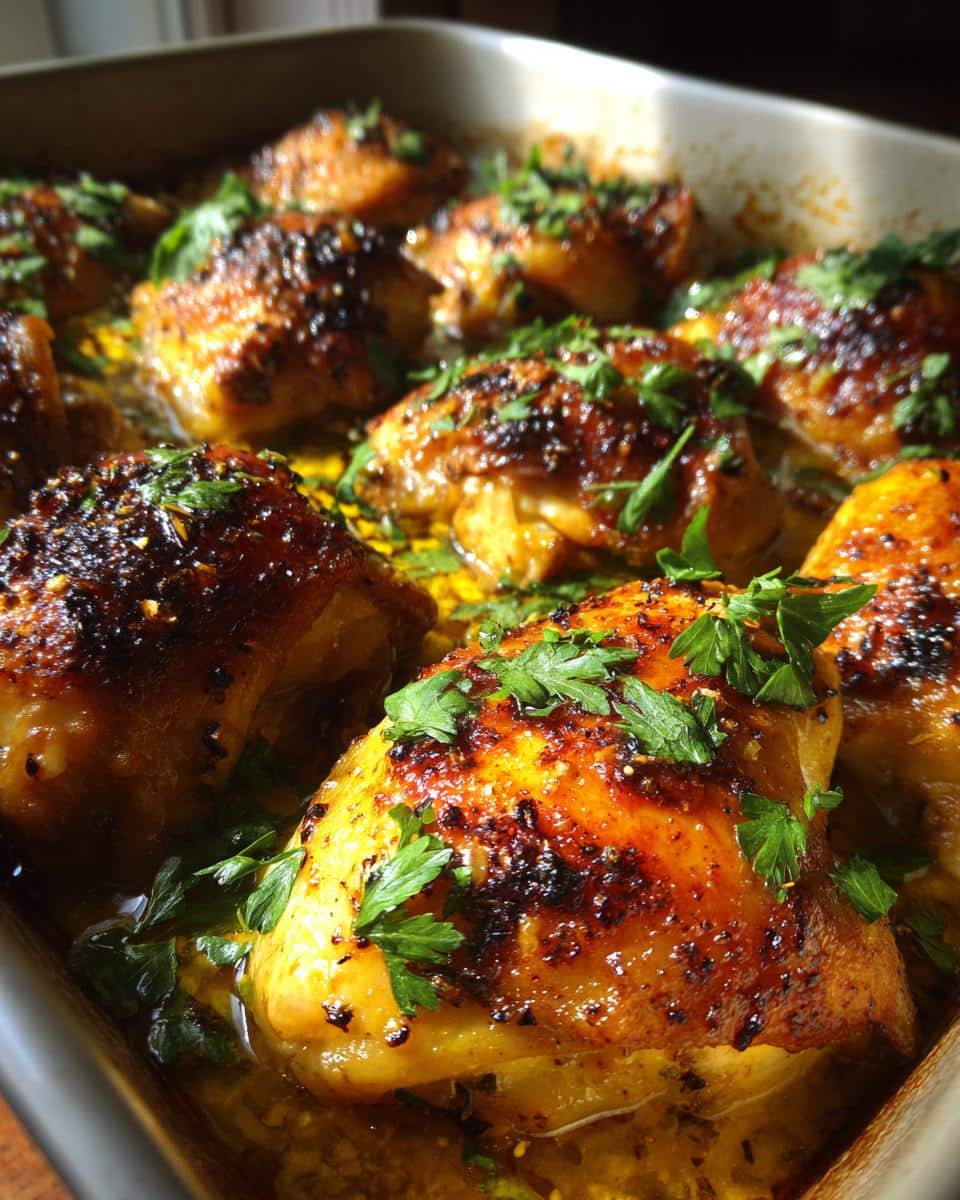 Close-up of golden brown One Pan Garlic Butter Baked Chicken Breast pieces in a baking pan, garnished with fresh parsley.