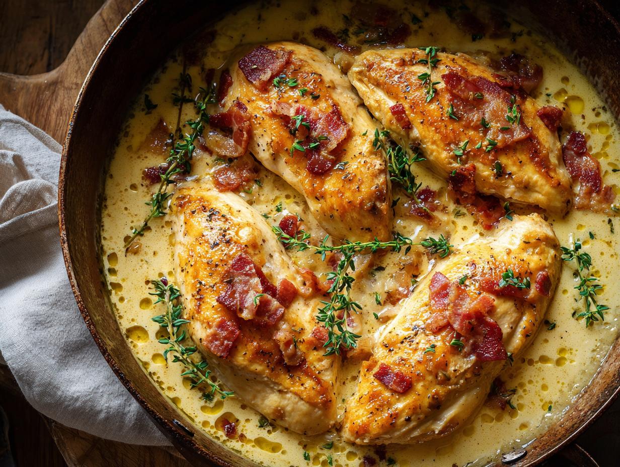 Close-up of One Pan Melt In Your Mouth Chicken breasts in a creamy sauce, topped with crispy bacon bits and fresh thyme.