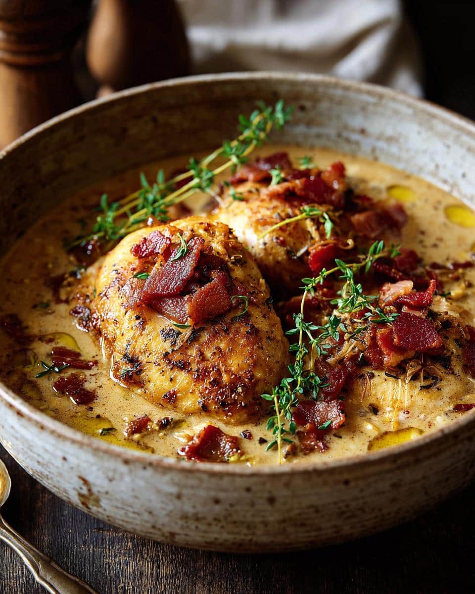 Close-up of One Pan Melt In Your Mouth Chicken breasts in a creamy sauce, topped with crispy bacon and fresh thyme.
