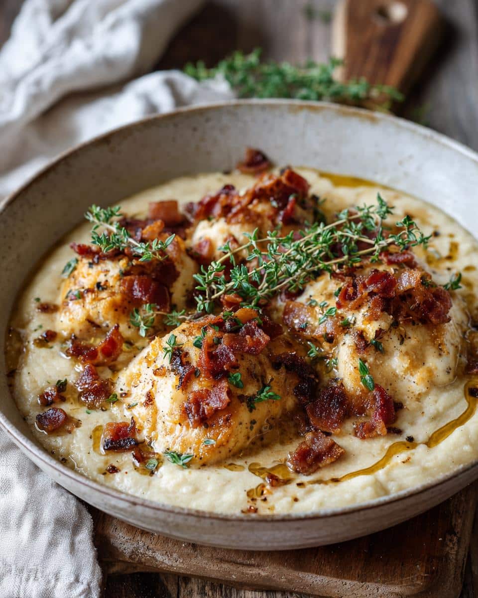 Close-up of One Pan Melt In Your Mouth Chicken served over a creamy sauce, topped with crispy bacon bits and fresh thyme.