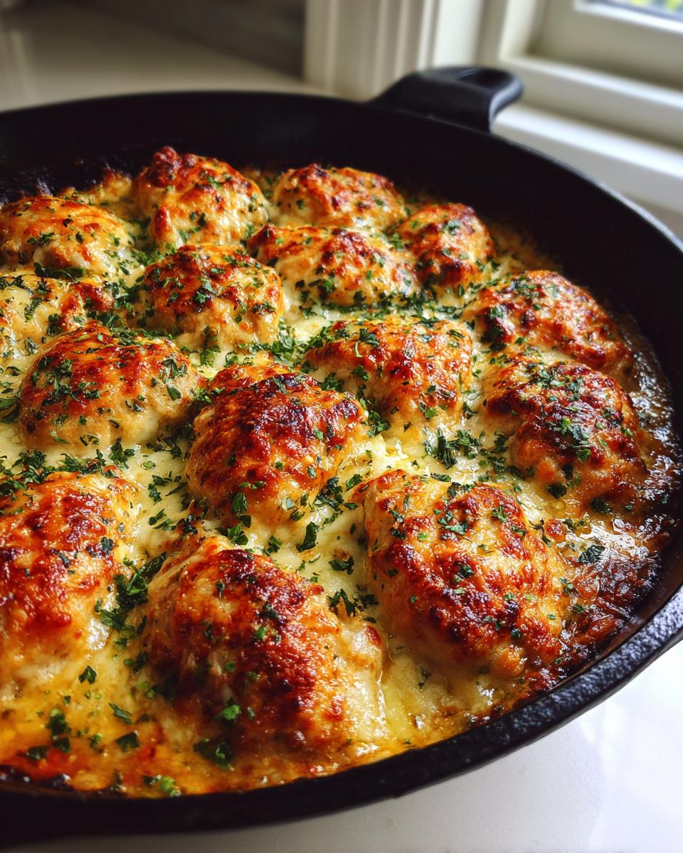 Close-up of golden brown One Pan Melt-in-Your-Mouth Chicken Breast covered in melted cheese and fresh parsley in a cast iron skillet.