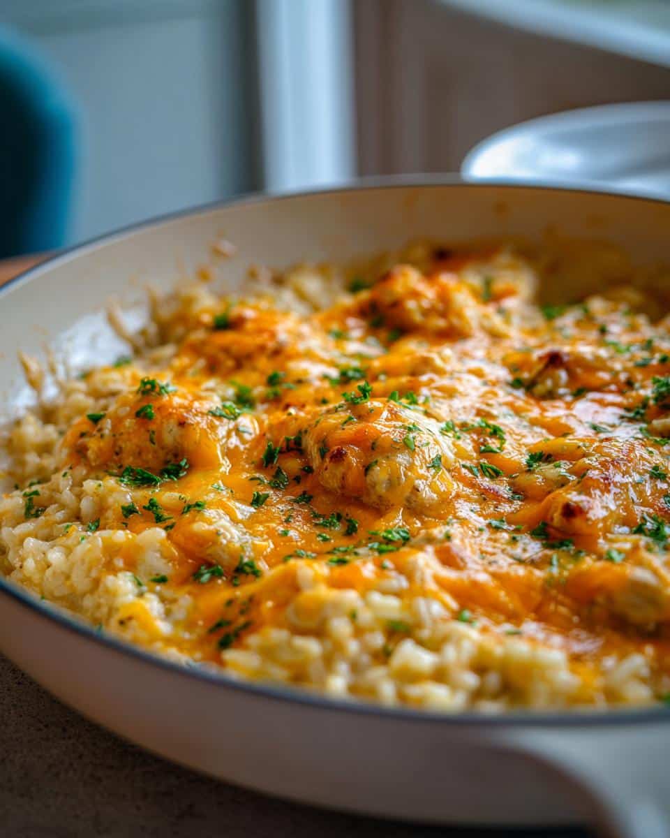 Creamy One-Pan Chicken Rice Casserole in 40 Minutes 3 Close-up of a creamy One Pan Pioneer Woman Chicken Rice Casserole in a pan, topped with melted cheese and fresh parsley.