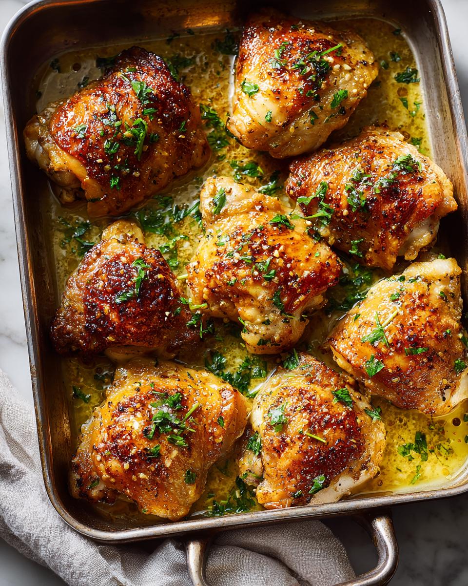 Overhead view of golden brown One Pan Succulent Garlic Butter Chicken Thighs in a baking dish with melted butter and fresh parsley.